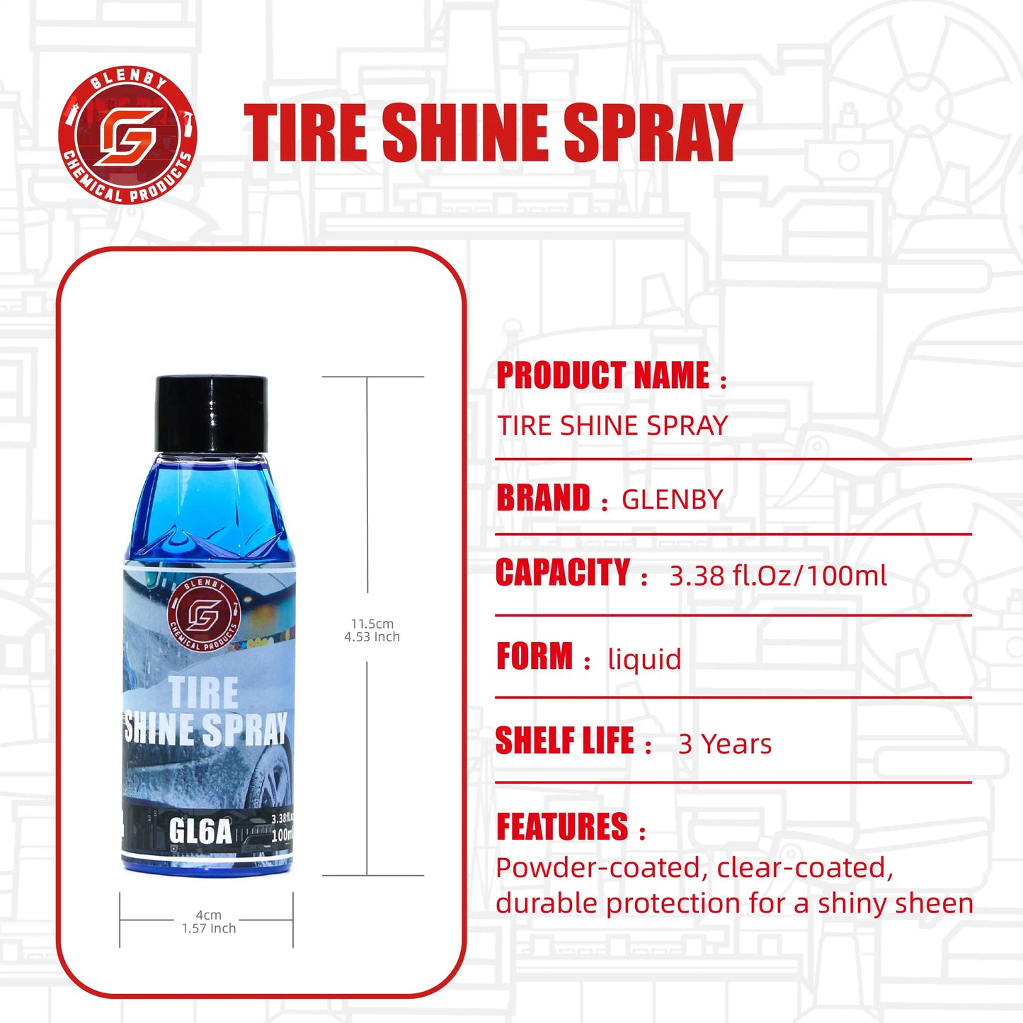 Glenby GL6A Tire Wet Specially Formulated Tire Shine Keep Them Looking Wet Black and Glossy With One Quick Spray