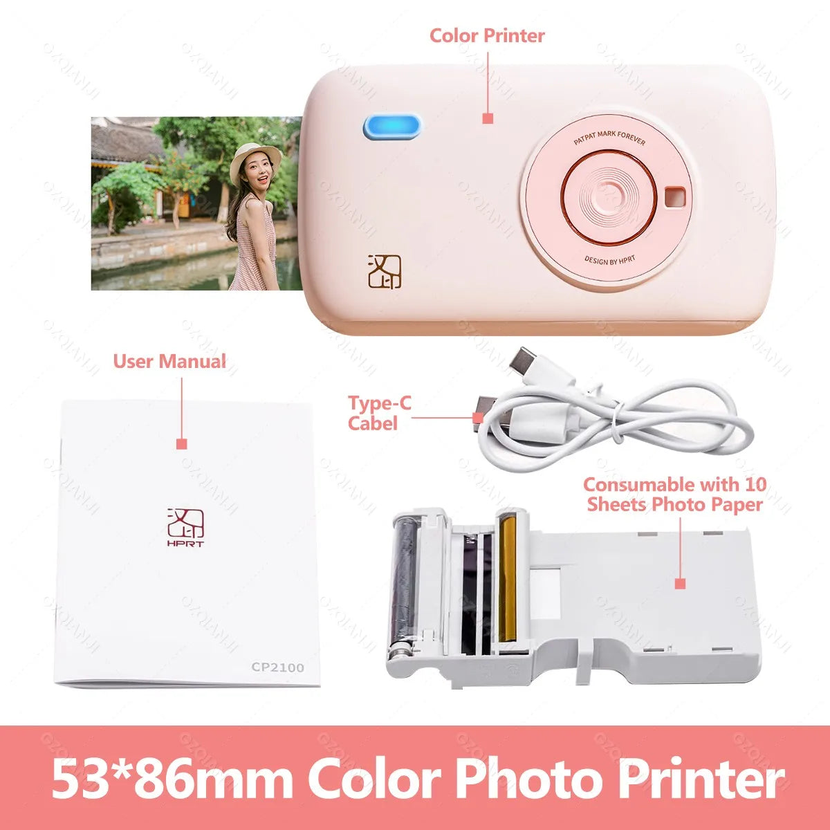 Portable Color Photo Printer Mini Pocket 300dpi Bluetooth for DIY Share Photo Picture Work Home CP2100 Machine 2x3 inch Papers