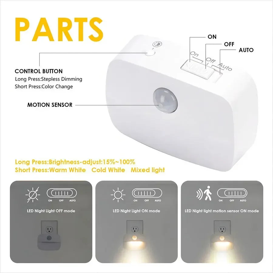 Motion Sensor LED Under Cabinet Light US/EU Plug 3-Color Night Lamp for Kitchen & Bedroom