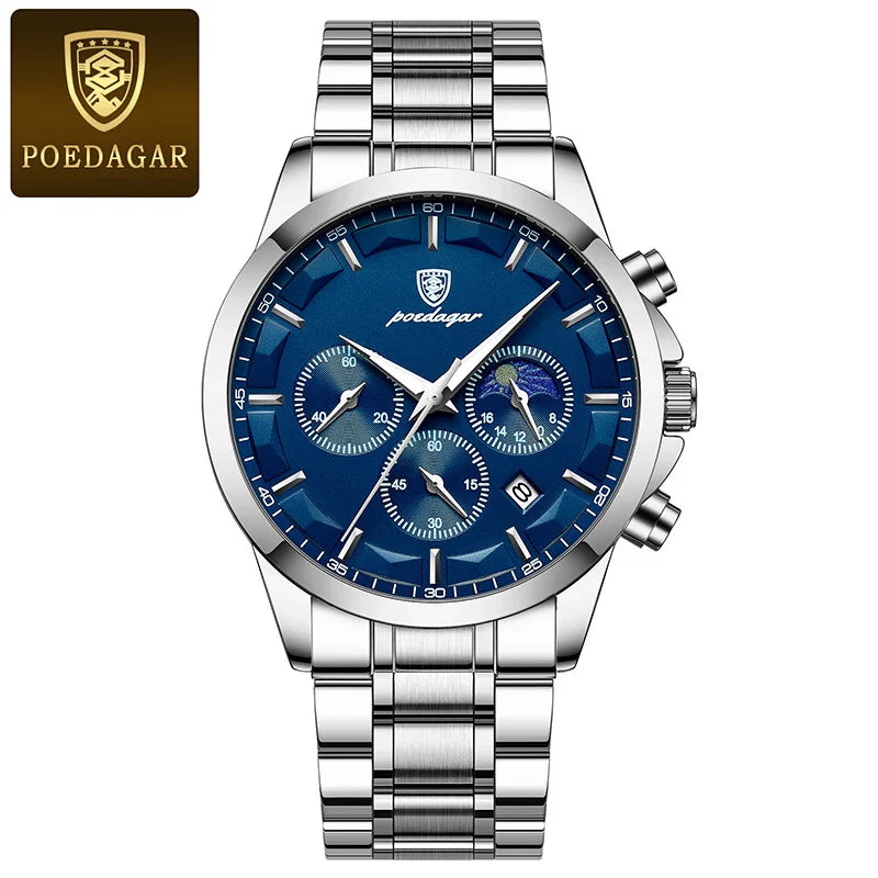 POEDAGAR Genuine Leather Men's Watch Fashion Luminous Calendar Stopwatch Male Clock Waterproof Moon Phase Quartz Wristwatch Man