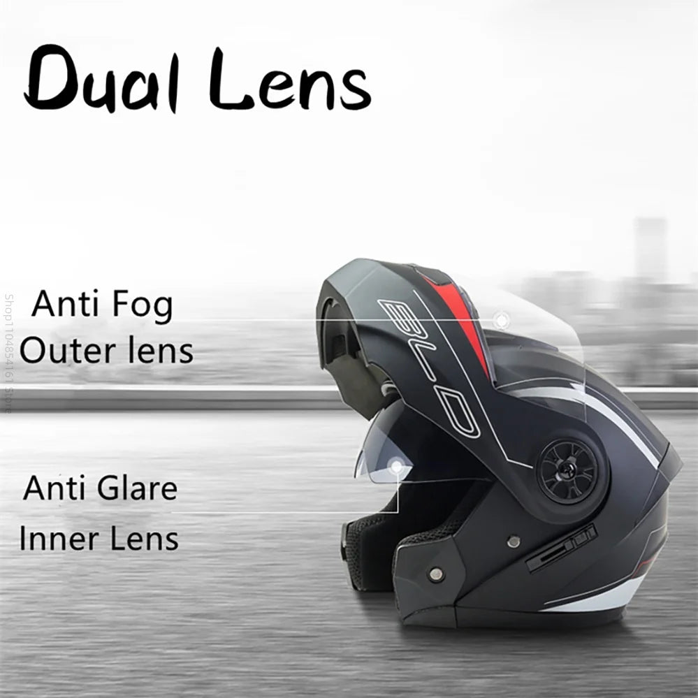 Motorcycle helmet with double lenses, open-faced design. Suitable for all seasons. Comfortable and breathable. Open design.