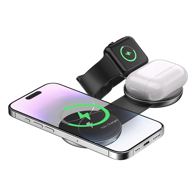 3-in-1 Foldable Magnetic Wireless Charger 15W Fast Charging for iPhone, iWatch & Earbuds