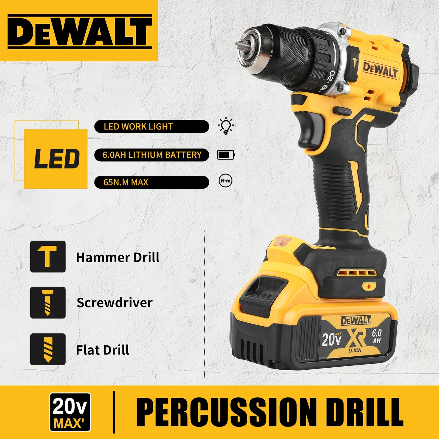 DEWALT DCD805 Cordless Drill 20V Power Tool Brushless Impact Drill Cordless Electric Screwdriver, Home DIY Power Tool