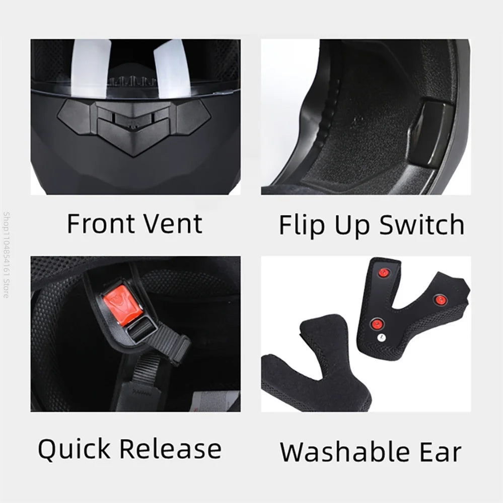 Motorcycle helmet with double lenses, open-faced design. Suitable for all seasons. Comfortable and breathable. Open design.