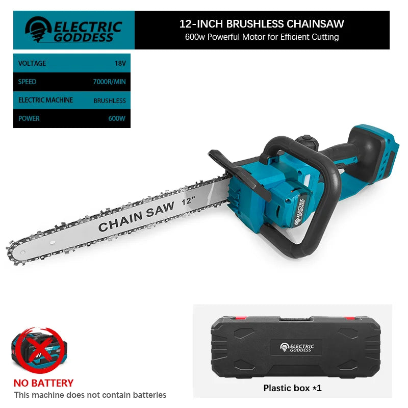 12-inch Cordless Blue Electric Chainsaw 600W Handheld Brushless Woodworking Chainsaw Power Tool For Makita 18V Battery