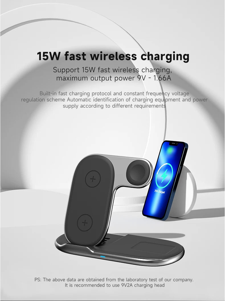 3-in-1 Foldable Wireless Charger Station 10W/15W Magnetic Charging for Phones & Devices
