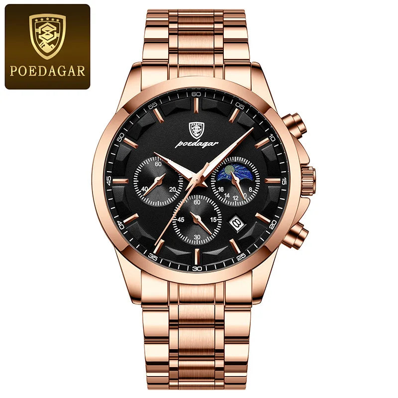 POEDAGAR Genuine Leather Men's Watch Fashion Luminous Calendar Stopwatch Male Clock Waterproof Moon Phase Quartz Wristwatch Man