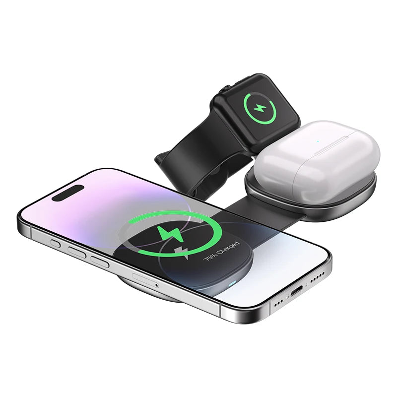 3-in-1 Foldable Magnetic Wireless Charger 15W Fast Charging for iPhone, iWatch & Earbuds