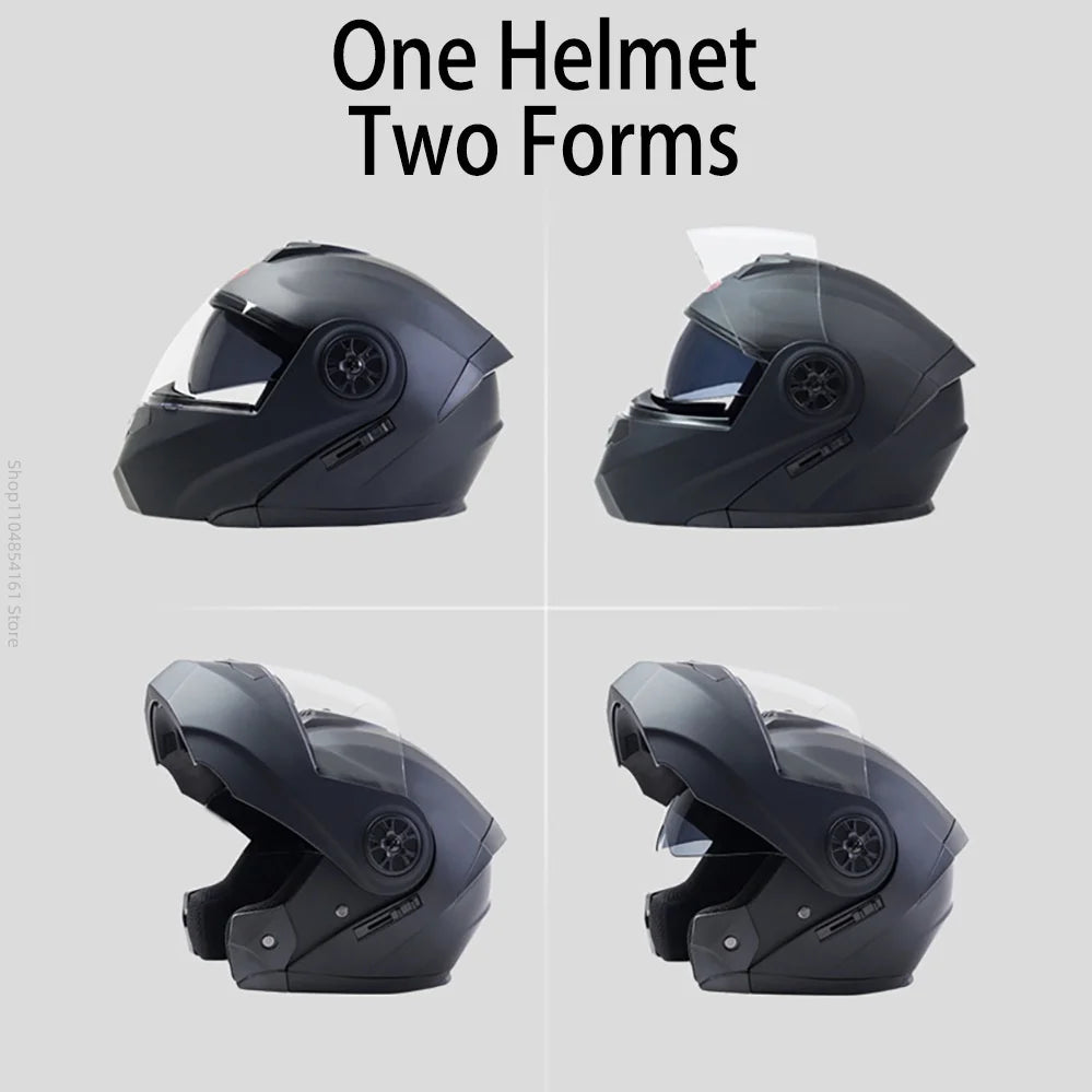 Motorcycle helmet with double lenses, open-faced design. Suitable for all seasons. Comfortable and breathable. Open design.
