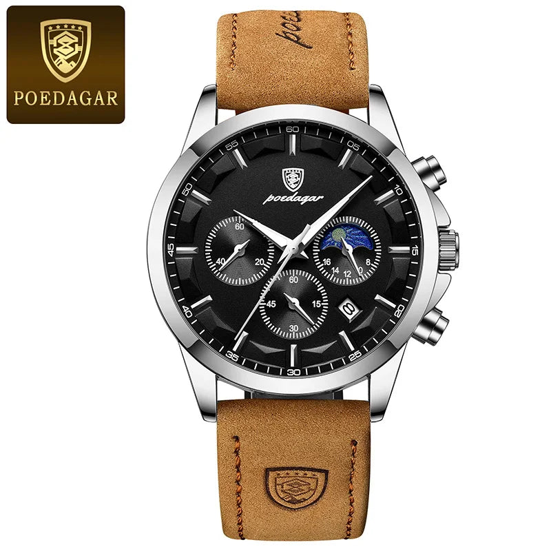 POEDAGAR Genuine Leather Men's Watch Fashion Luminous Calendar Stopwatch Male Clock Waterproof Moon Phase Quartz Wristwatch Man