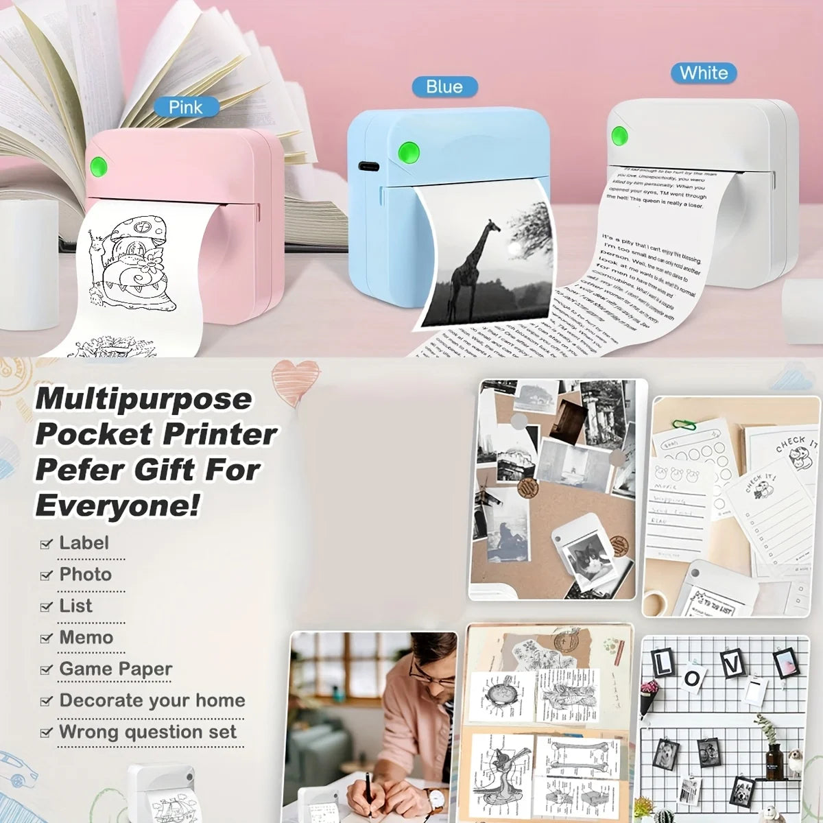 Portable Mini Printer - Wireless Wireless, Inkless Thermal Photo Printer for iOS & Android, Ideal for Gifts, Study Notes, Labels