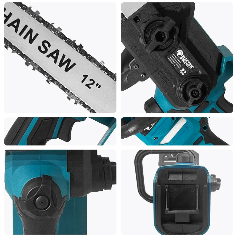 12-inch Cordless Blue Electric Chainsaw 600W Handheld Brushless Woodworking Chainsaw Power Tool For Makita 18V Battery