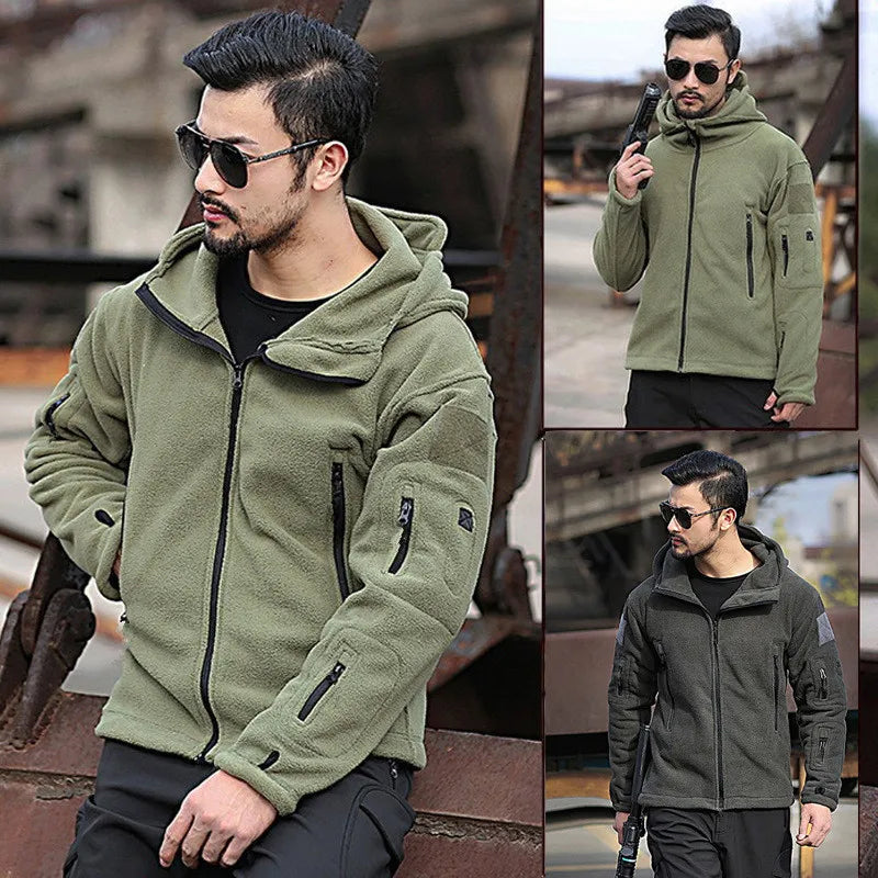 Men's Outdoor Hiking Hooded Coats Warm Military Tactical Sport Fleece Hoodie Jacket Multi-Pockets