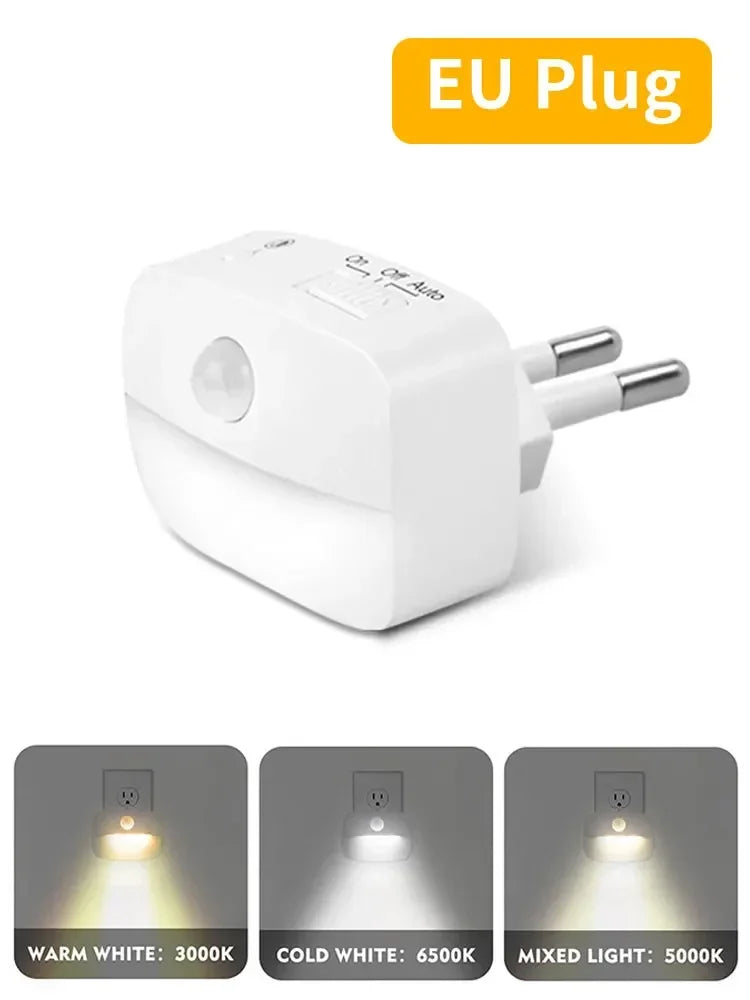 Motion Sensor LED Under Cabinet Light US/EU Plug 3-Color Night Lamp for Kitchen & Bedroom