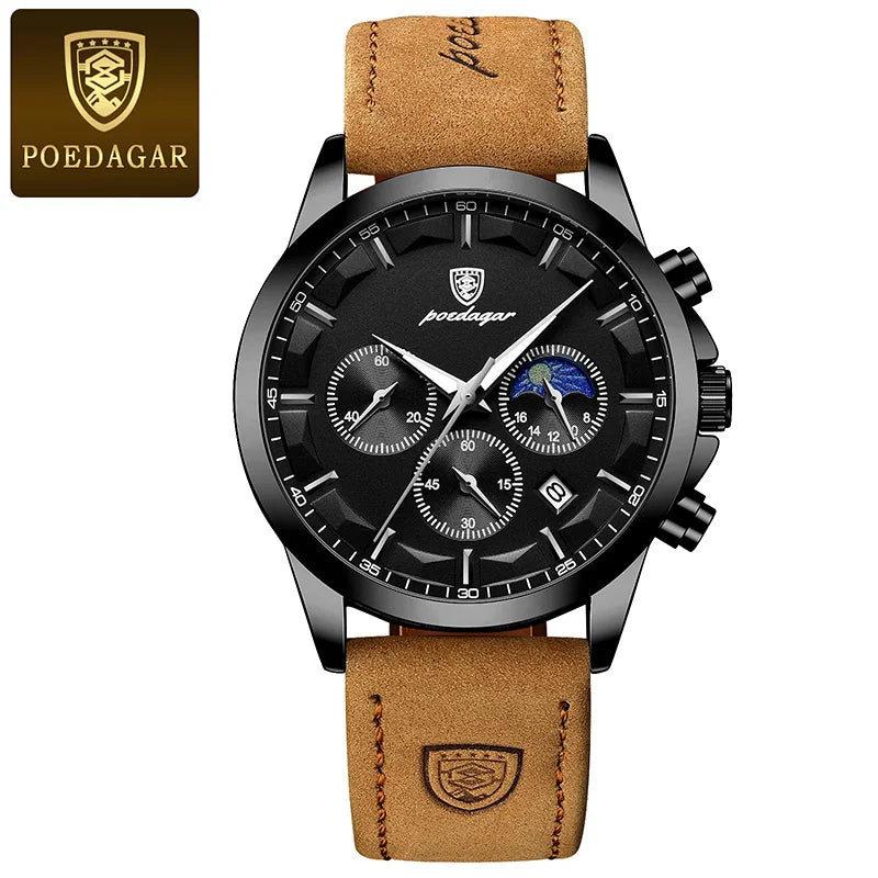 POEDAGAR Genuine Leather Men's Watch Fashion Luminous Calendar Stopwatch Male Clock Waterproof Moon Phase Quartz Wristwatch Man