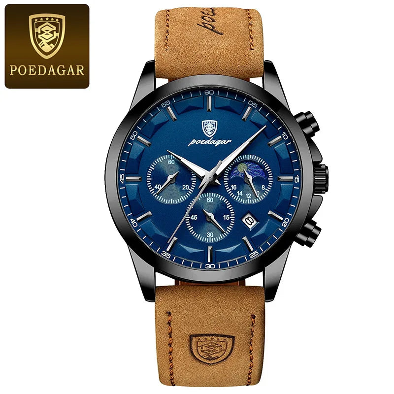 POEDAGAR Genuine Leather Men's Watch Fashion Luminous Calendar Stopwatch Male Clock Waterproof Moon Phase Quartz Wristwatch Man