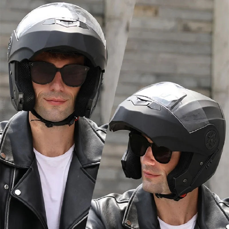 Motorcycle helmet with double lenses, open-faced design. Suitable for all seasons. Comfortable and breathable. Open design.