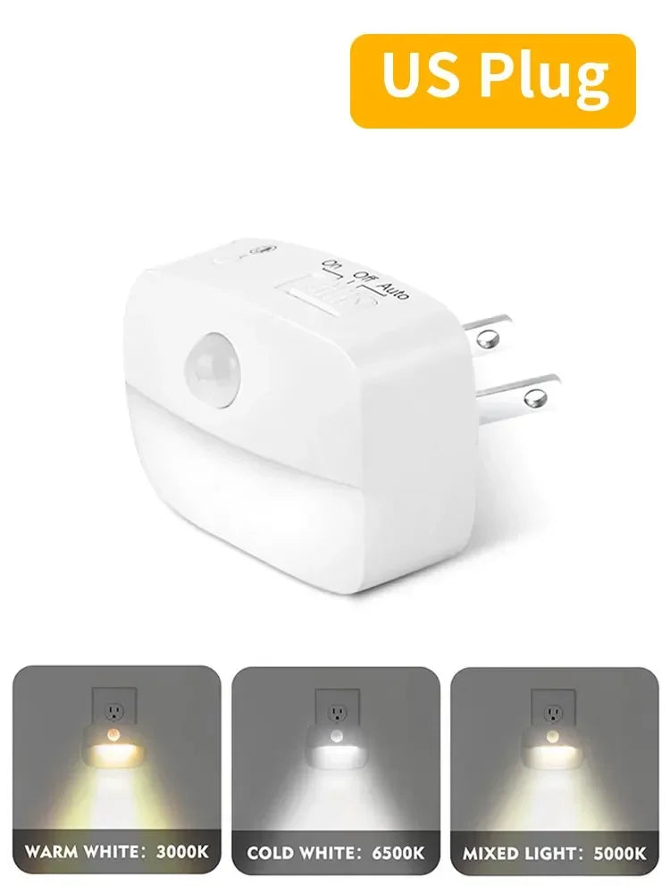 Motion Sensor LED Under Cabinet Light US/EU Plug 3-Color Night Lamp for Kitchen & Bedroom