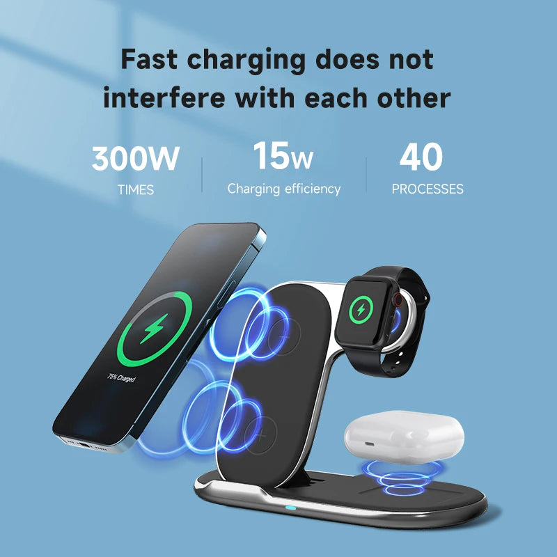 3-in-1 Foldable Wireless Charger Station 10W/15W Magnetic Charging for Phones & Devices