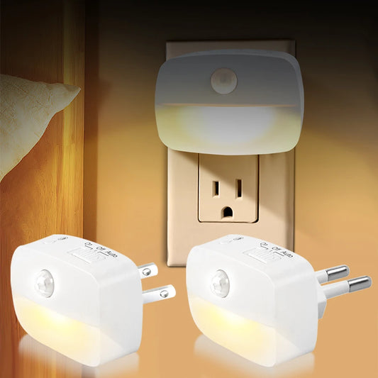 Motion Sensor LED Under Cabinet Light US/EU Plug 3-Color Night Lamp for Kitchen & Bedroom