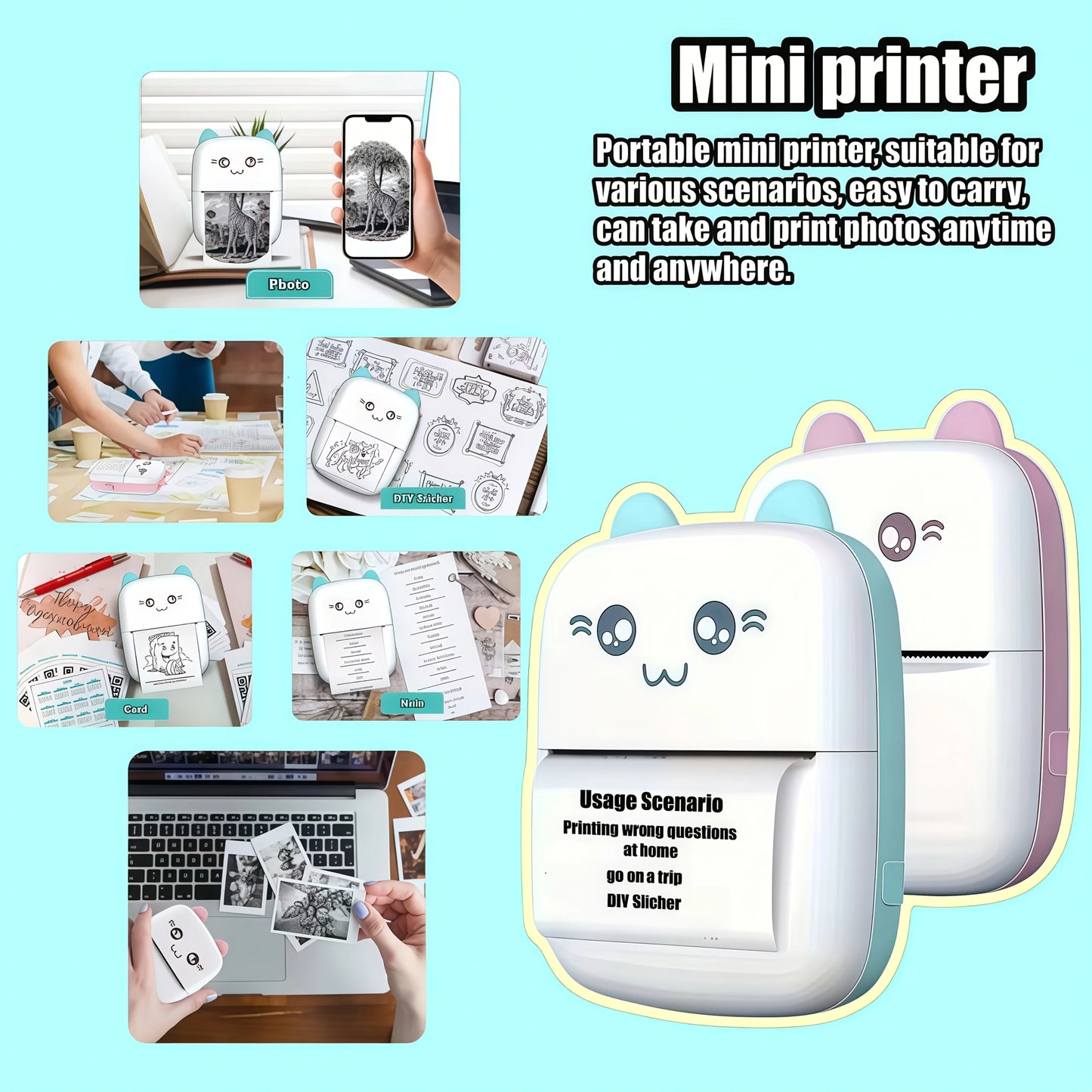 [Portable Mini Printer Set] Multifunctional Portable Mini Printer Set, Optional with Thermal Paper, Self-Adhesive Stickers