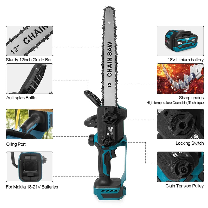 12-inch Cordless Blue Electric Chainsaw 600W Handheld Brushless Woodworking Chainsaw Power Tool For Makita 18V Battery