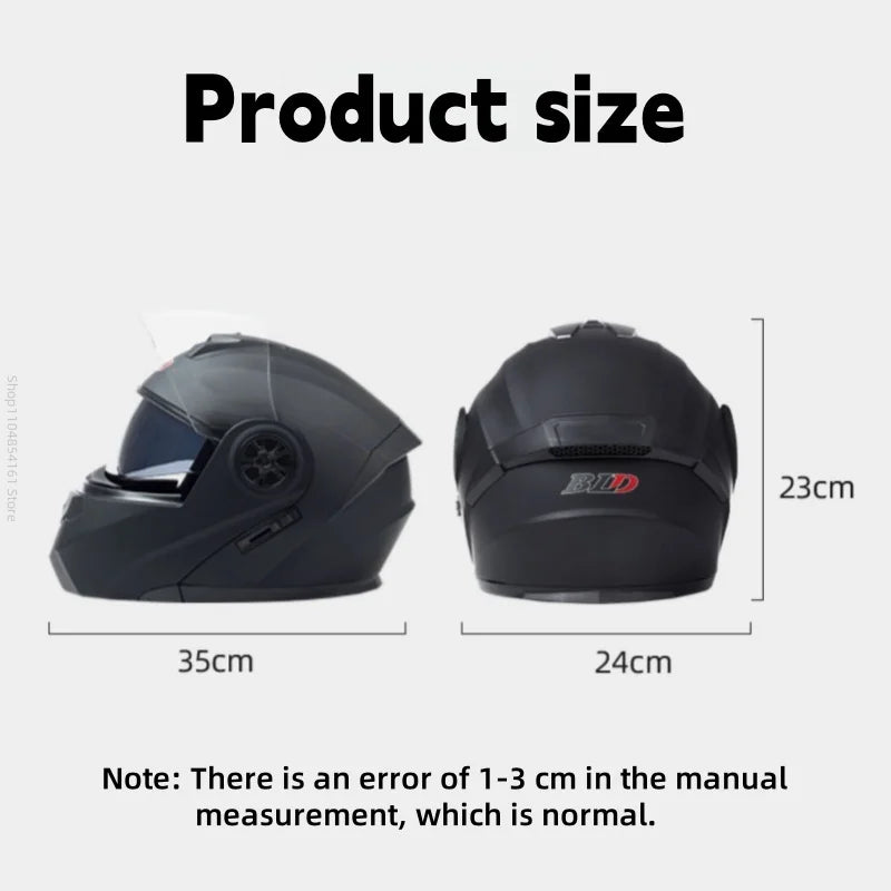 Motorcycle helmet with double lenses, open-faced design. Suitable for all seasons. Comfortable and breathable. Open design.