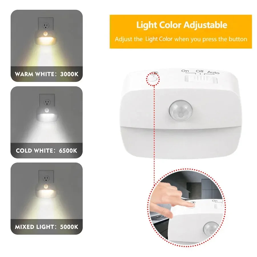 Motion Sensor LED Under Cabinet Light US/EU Plug 3-Color Night Lamp for Kitchen & Bedroom