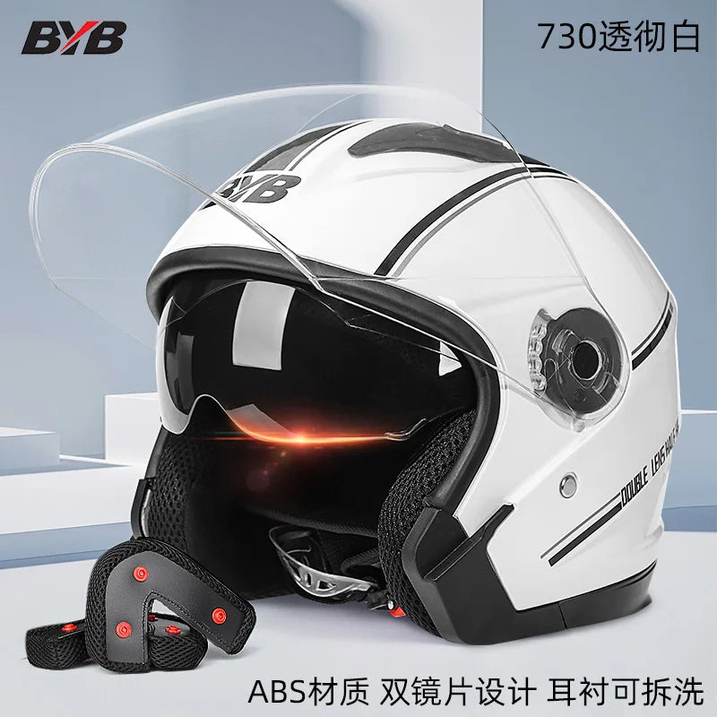 Motorcycle Open Face Helmet For Men And Women Dual Lens Sun Visor Face Shield Top Lightweight Scooter Bike Retro 3/4 Helmet