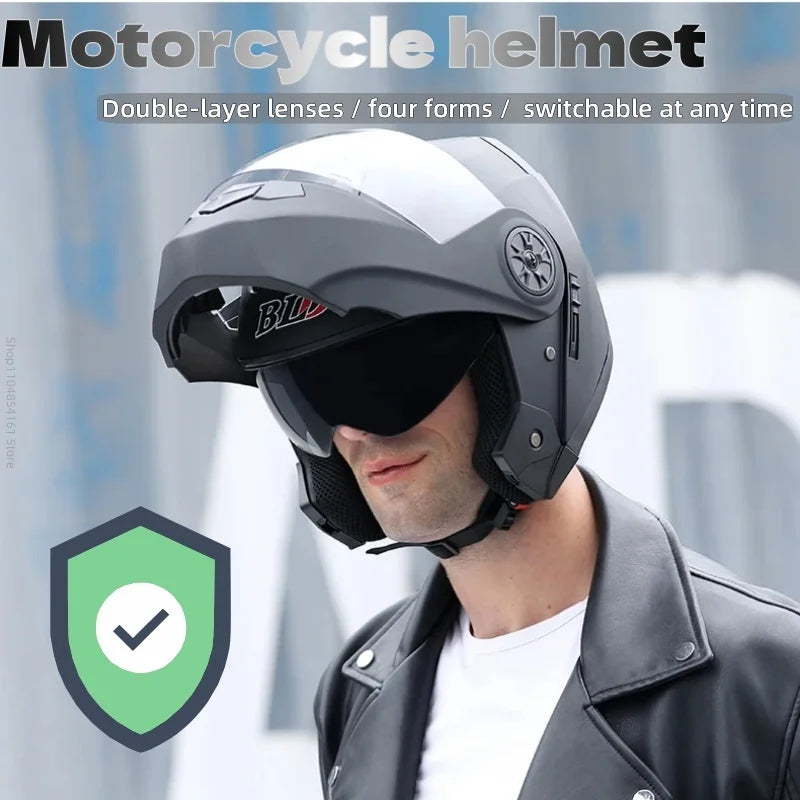 Motorcycle helmet with double lenses, open-faced design. Suitable for all seasons. Comfortable and breathable. Open design.
