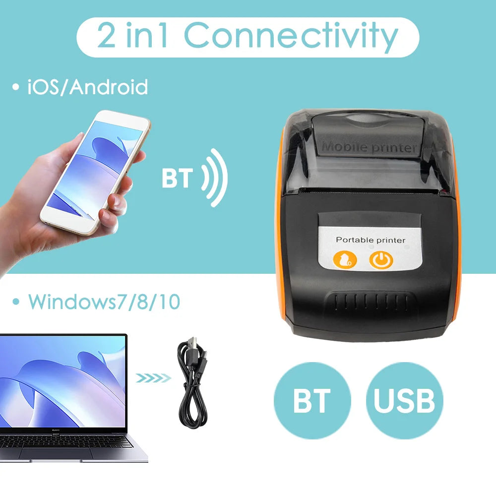 Portable Receipt Printer 58mm Mini Thermal Printing Wireless BT USB Mobile Printer w/ 2 Inch Thermal Paper Roll for Retail Store