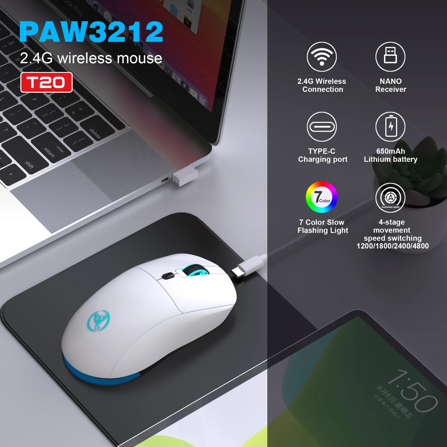 Rechargeable 2.4G Wireless Mouse – 3600 DPI, 7-Color RGB, Ergonomic Design