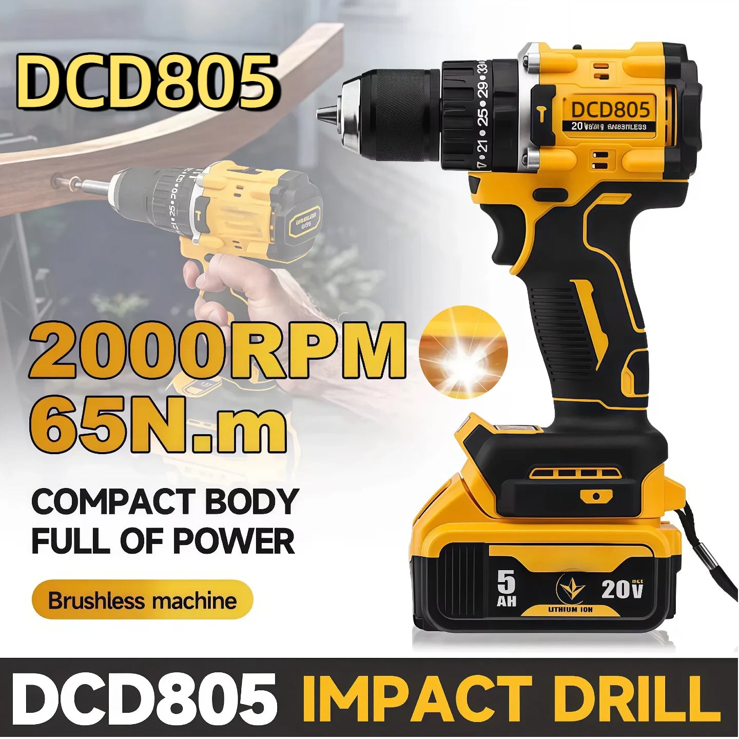 Fit DEWALT DCD805 20V Portable Power Tool Brushless Impact Drill Cordless Electric Screwdriver Multifunctional Hand Drill