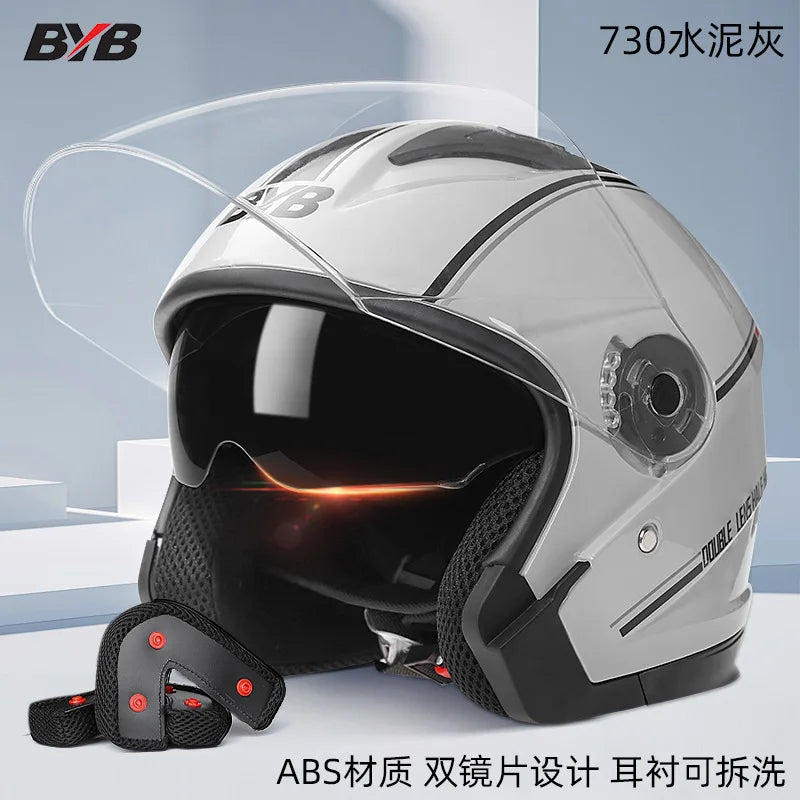 Motorcycle Open Face Helmet For Men And Women Dual Lens Sun Visor Face Shield Top Lightweight Scooter Bike Retro 3/4 Helmet