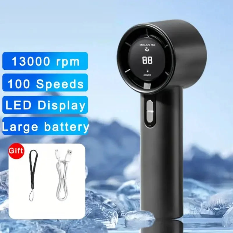 2025 Portable Turbo Handheld Fan 100-Speed Adjustable USB Rechargeable Mini Fan with LED for Camping Outdoor & Travel Fan
