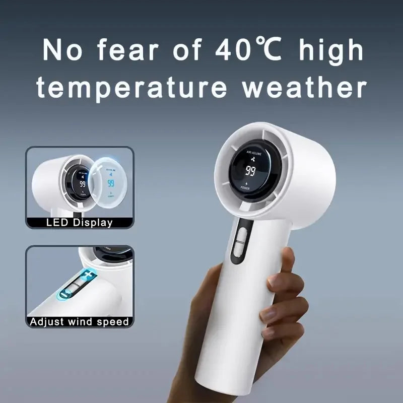 2025 Portable Turbo Handheld Fan 100-Speed Adjustable USB Rechargeable Mini Fan with LED for Camping Outdoor & Travel Fan