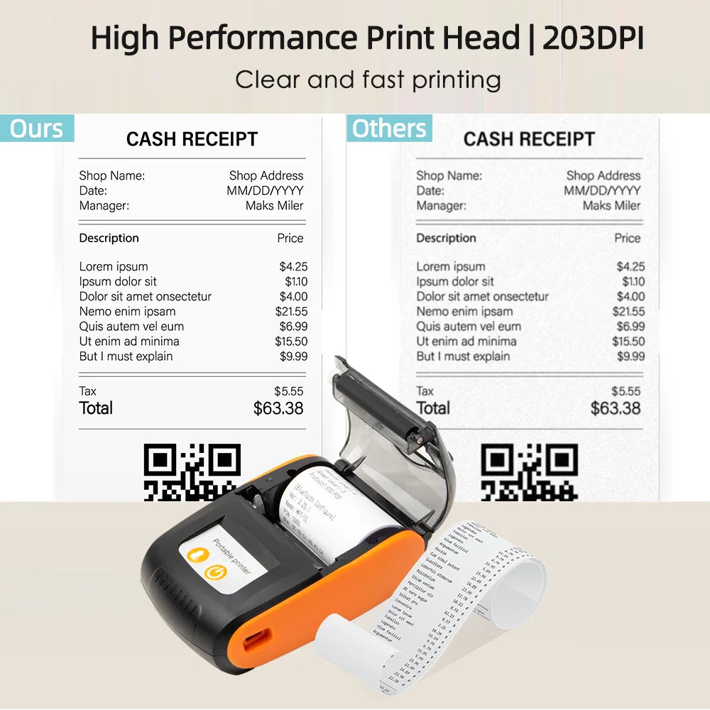 Portable Receipt Printer 58mm Mini Thermal Printing Wireless BT USB Mobile Printer w/ 2 Inch Thermal Paper Roll for Retail Store